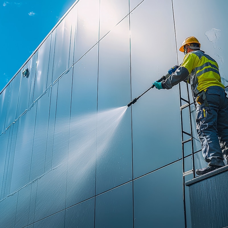 Un ouvrier en équipement de protection jaune et gris nettoie une façade de bâtiment métallique avec un nettoyeur haute pression sous un ciel bleu clair.